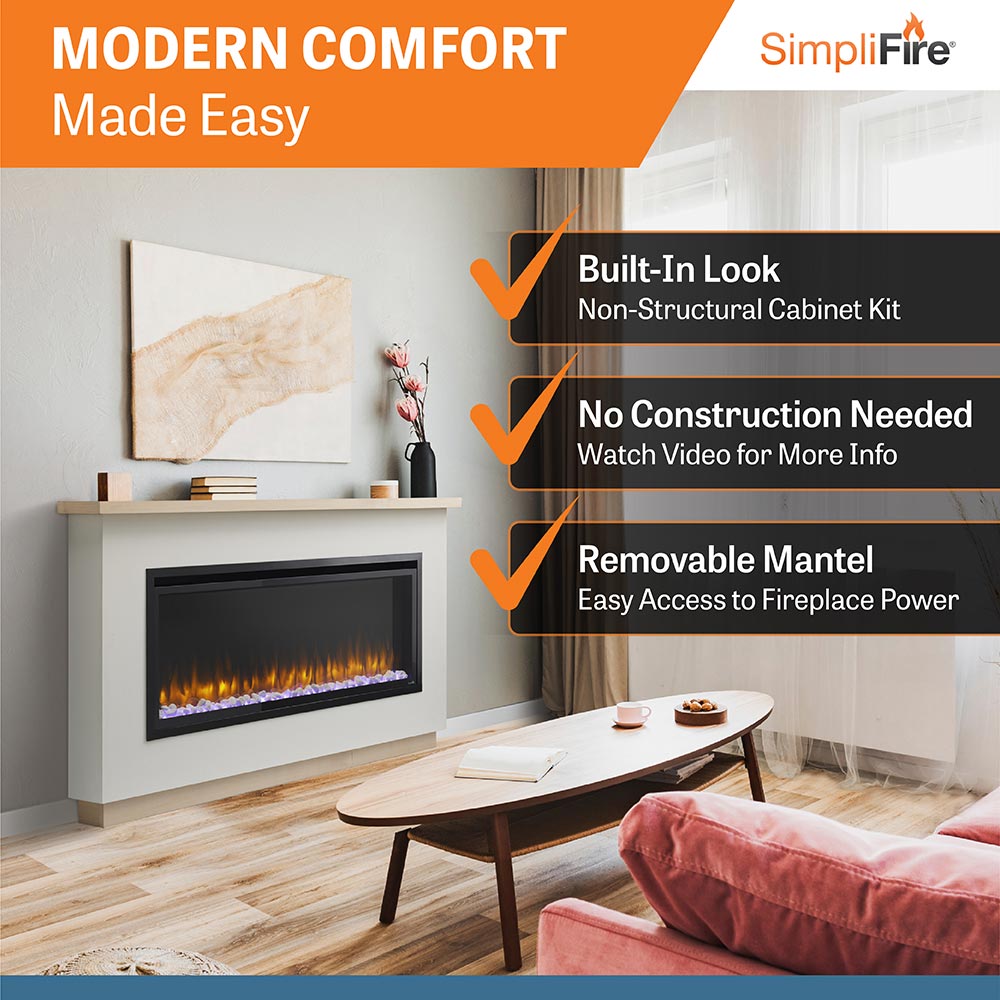 Simplifire 50-Inch Allusion Platinum Linear Electric Fireplace with Ready-to-Finish Boyd Build-Out Mantel Package