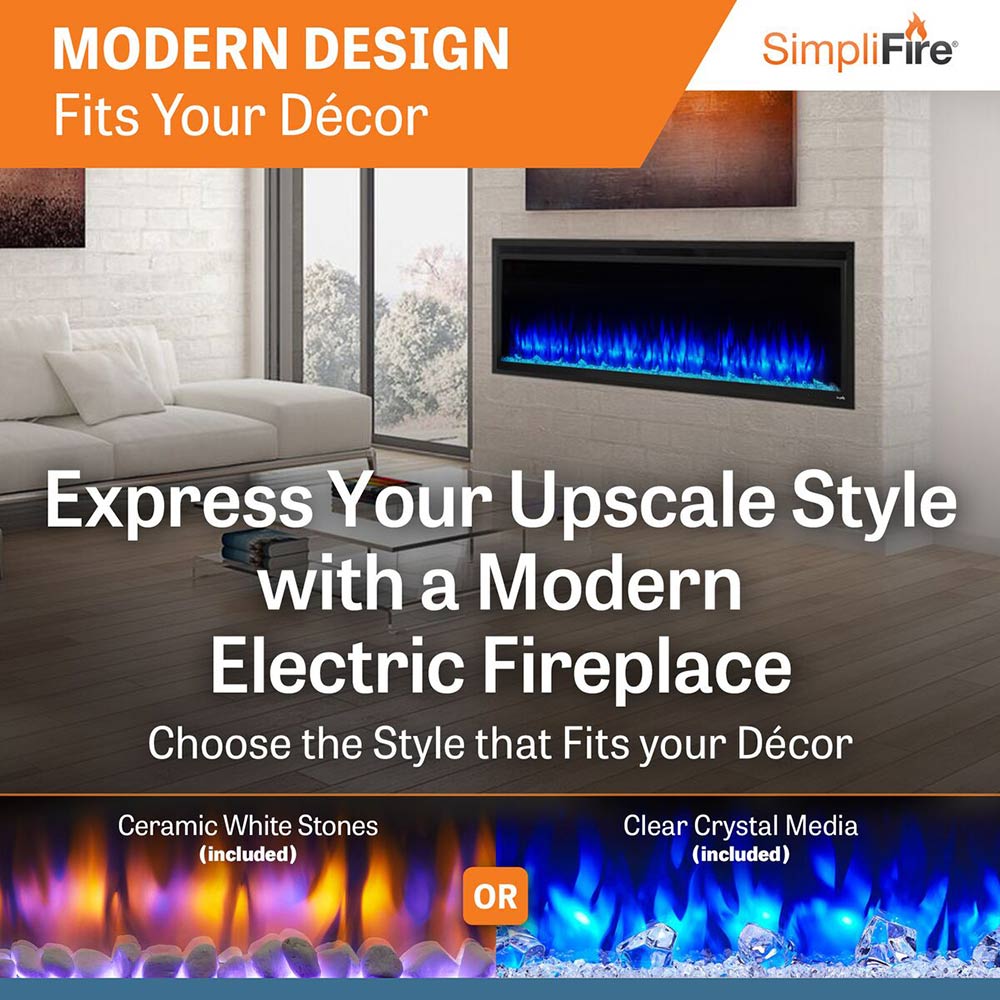 Black linear electric fireplace with blue flame bed in a wall opening