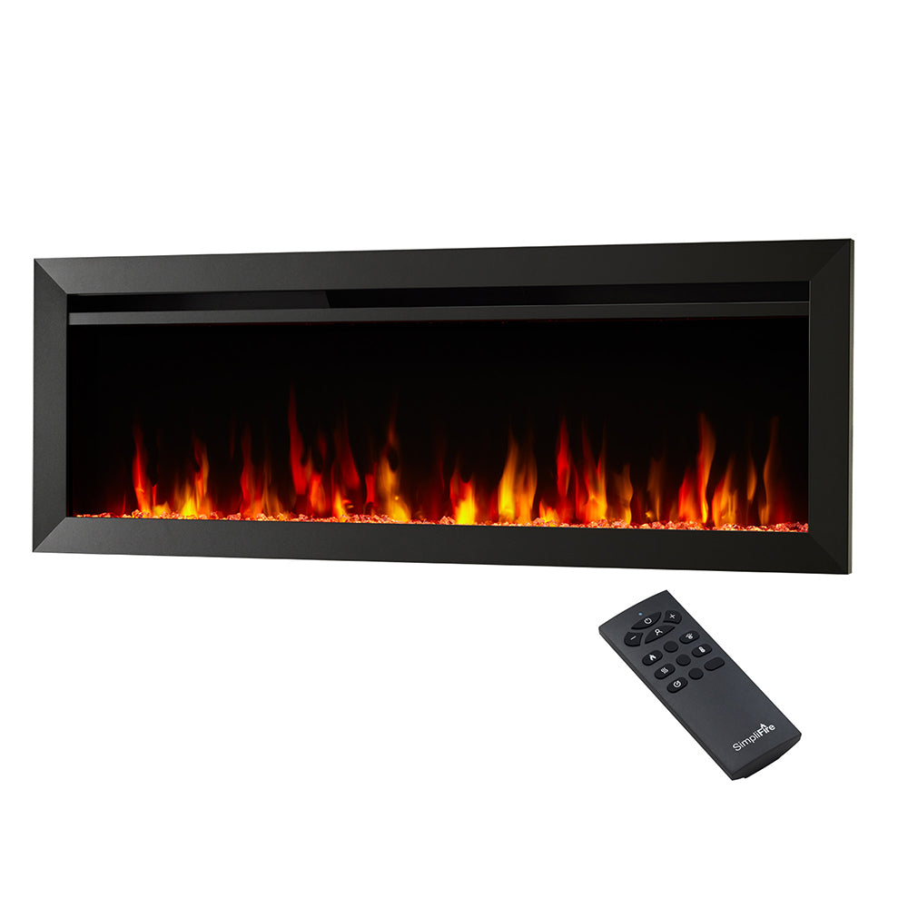 Slim linear electric fireplace in dark frame showing orange-red flames; remote control