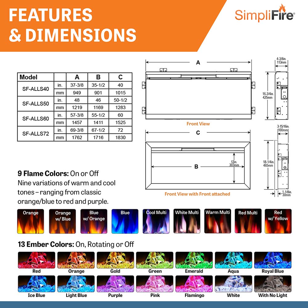 SimpliFire Allusion Slim Fireplace with Crestline Wall Mount Surround, 50-Inch