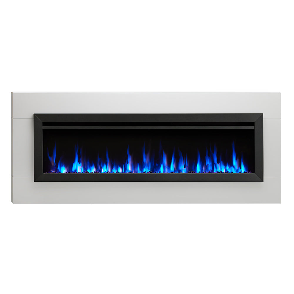 SimpliFire 50-inch electric fireplace with black frame and blue flame display