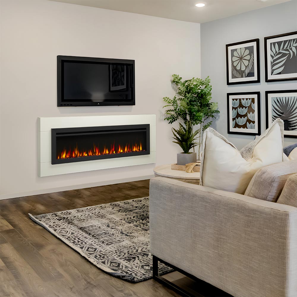 SimpliFire 50-inch electric fireplace in white wall surround with orange flame display
