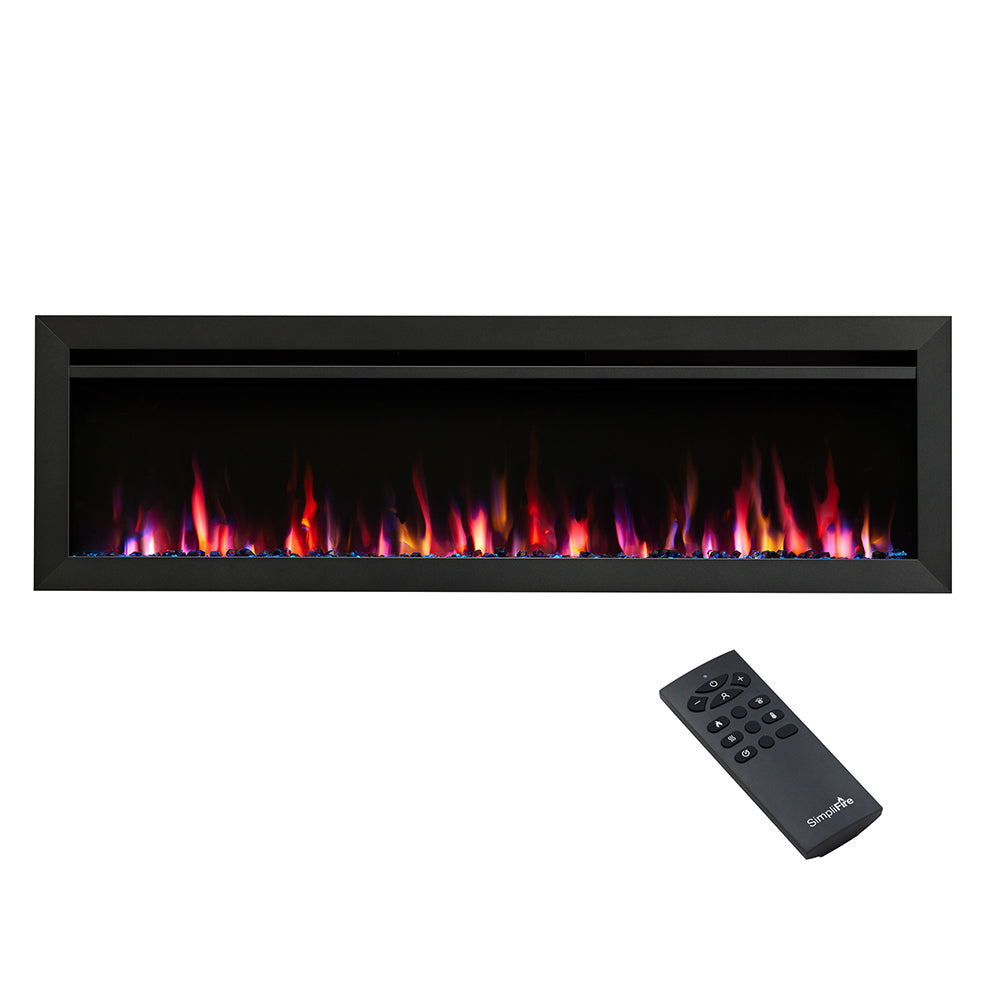 Slim linear electric fireplace, black frame with multicolor flame effect, includes remote