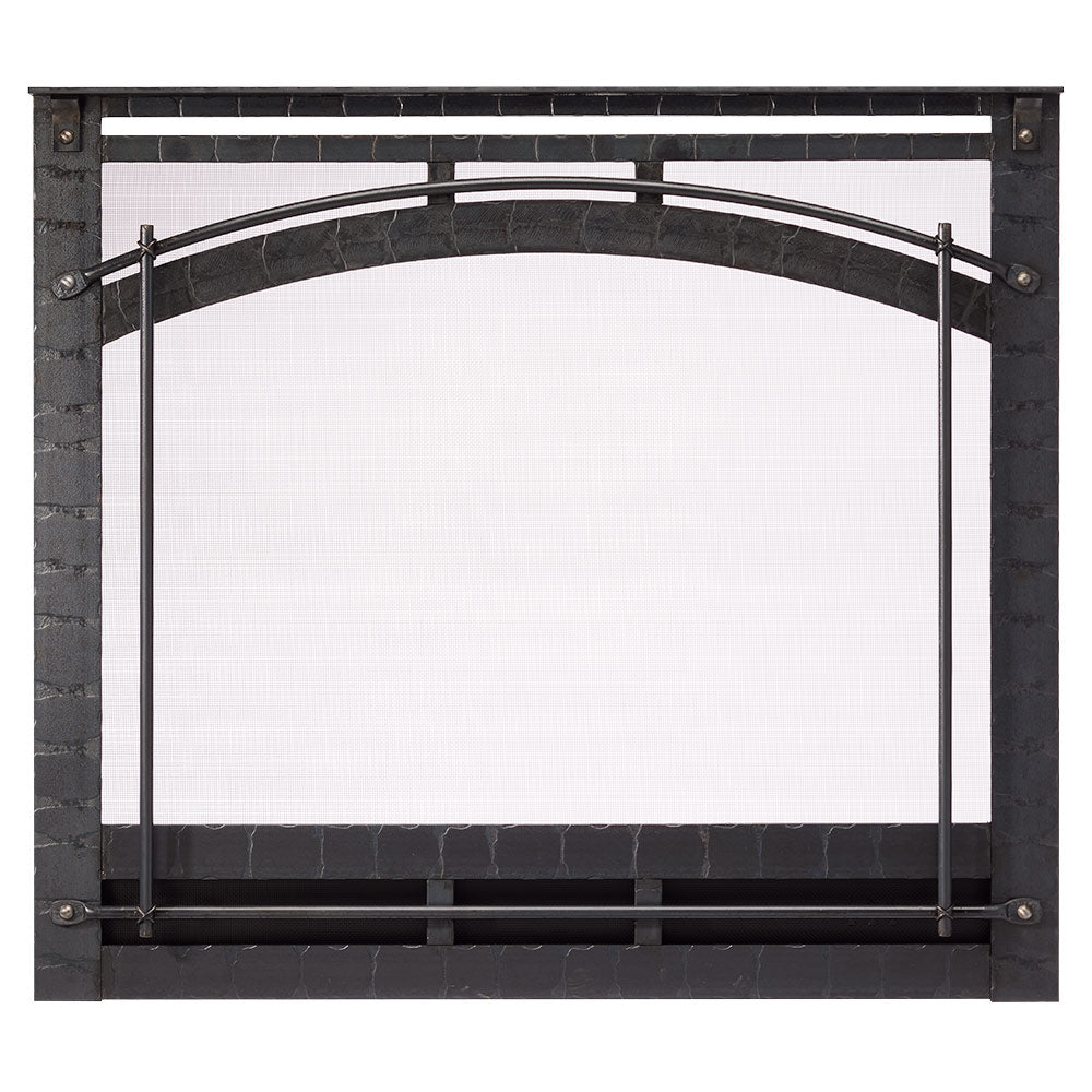 Black electric fireplace front with arched glass frame and metal grate