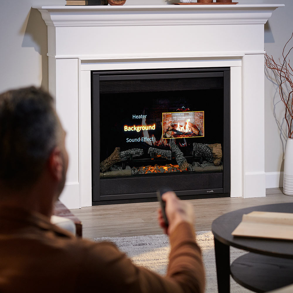 Electric fireplace folio front in white surround with flame viewing window