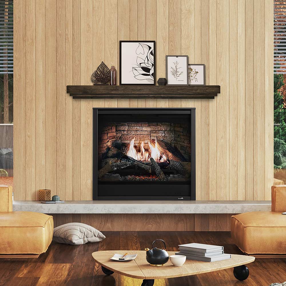Electric fireplace folio front set in wood wall surround with flame viewing window