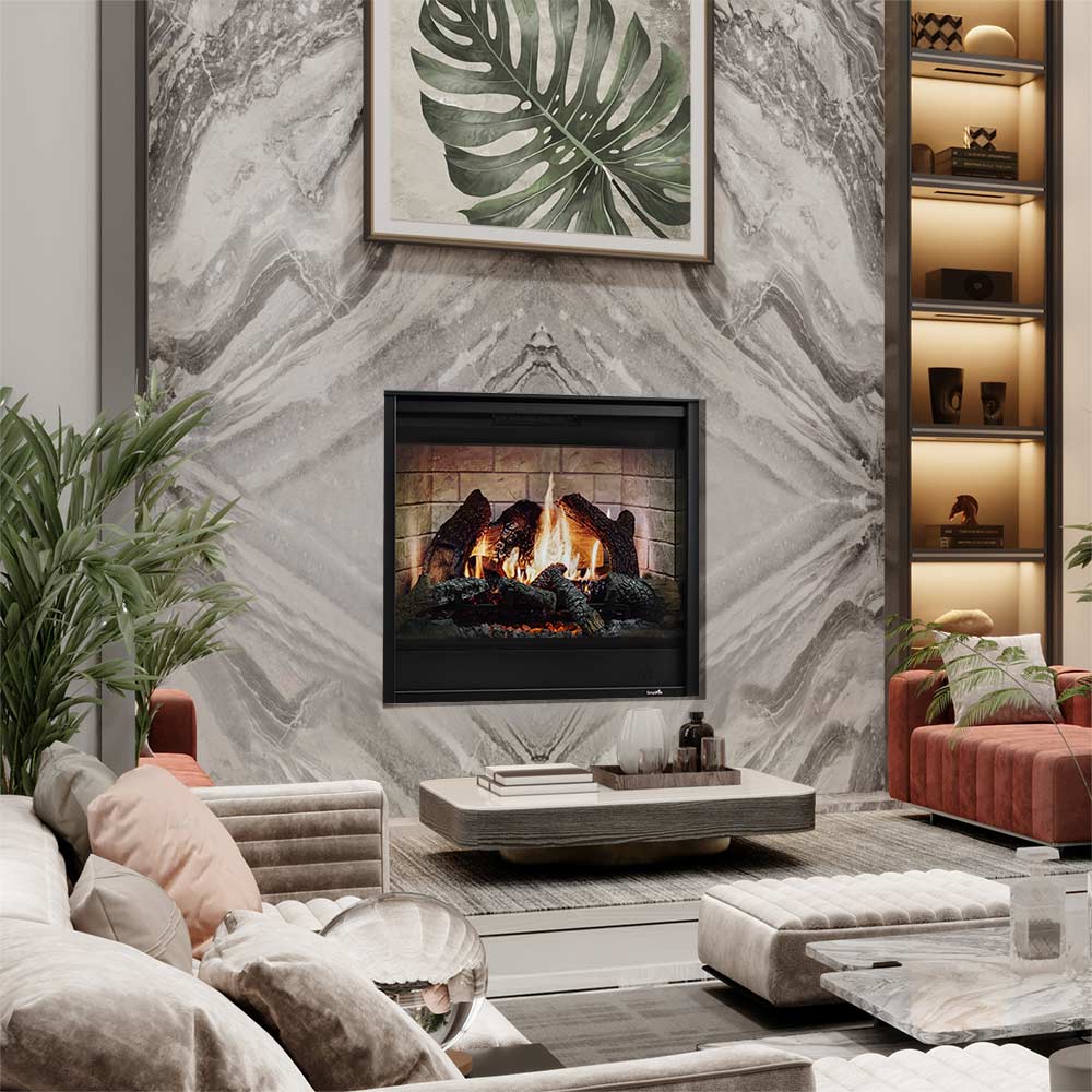 Electric fireplace folio front in dark frame on marble wall with flame viewing window