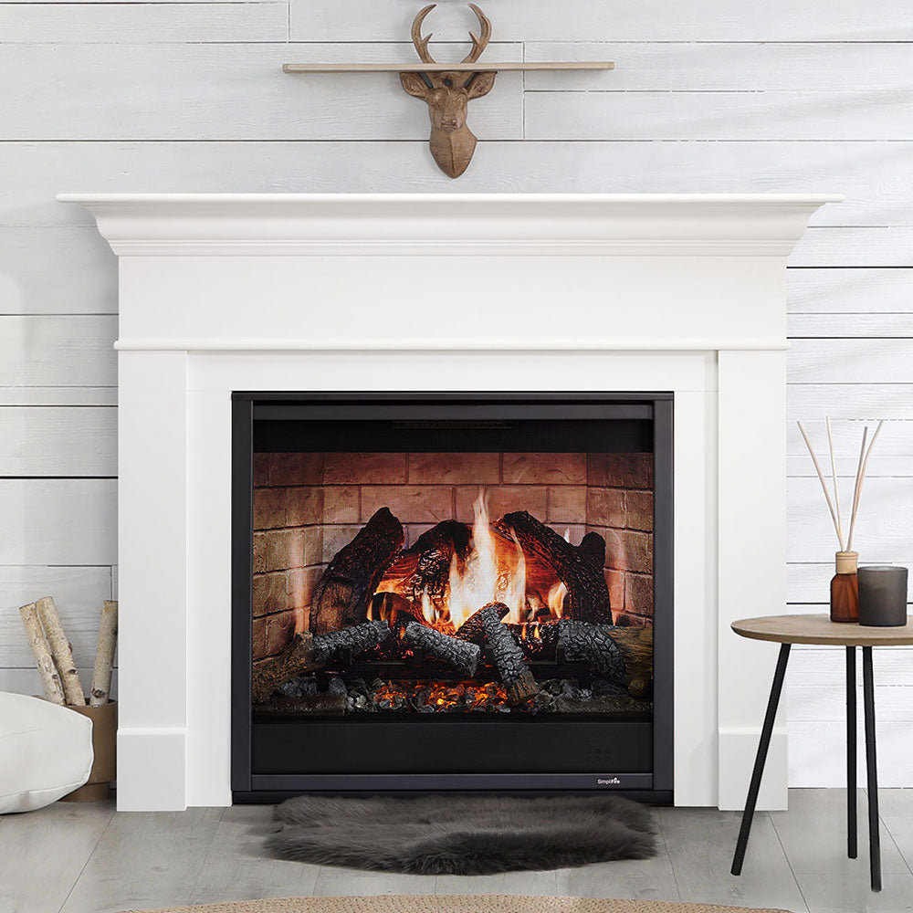 Electric fireplace folio front with black frame in white mantel showing flames
