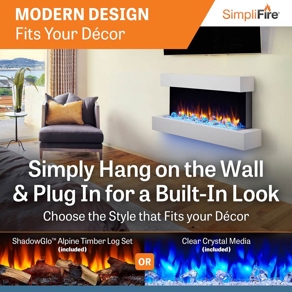 Wall-mount electric fireplace with floating white mantel and blue flame insert