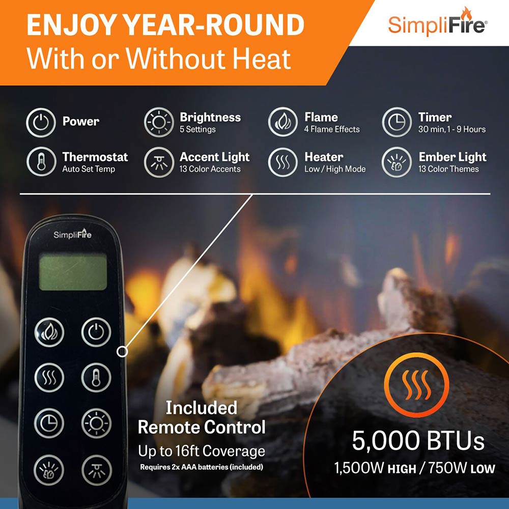 SimpliFire Format 36-Inch Wall Mount Electric Fireplace with 43-Inch Floating Mantel