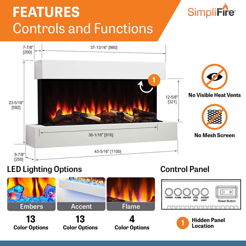 SimpliFire Format 36-Inch Wall Mount Electric Fireplace with 43-Inch Floating Mantel