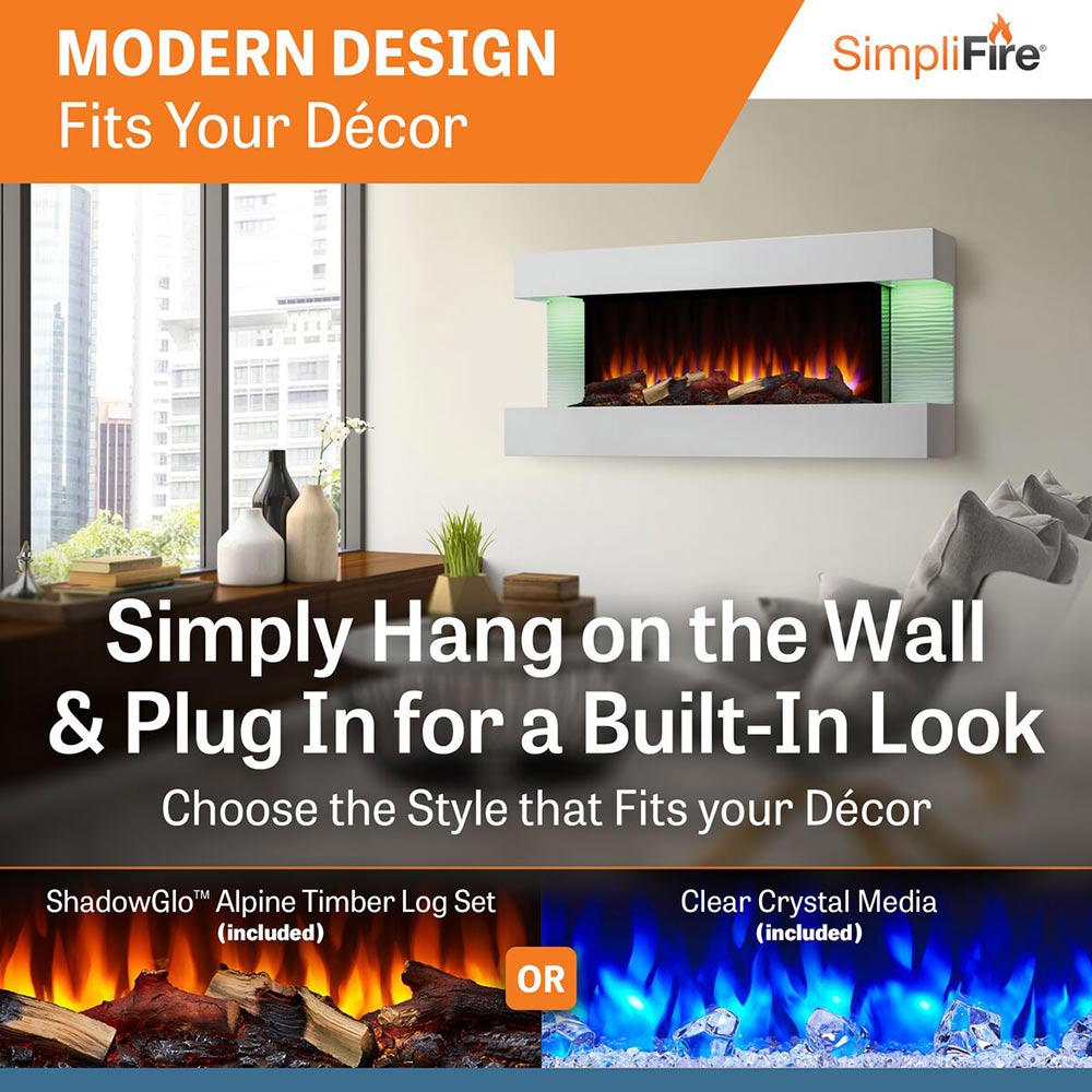 Wall-mount electric fireplace with floating mantel, glowing flames inside and green side panels.