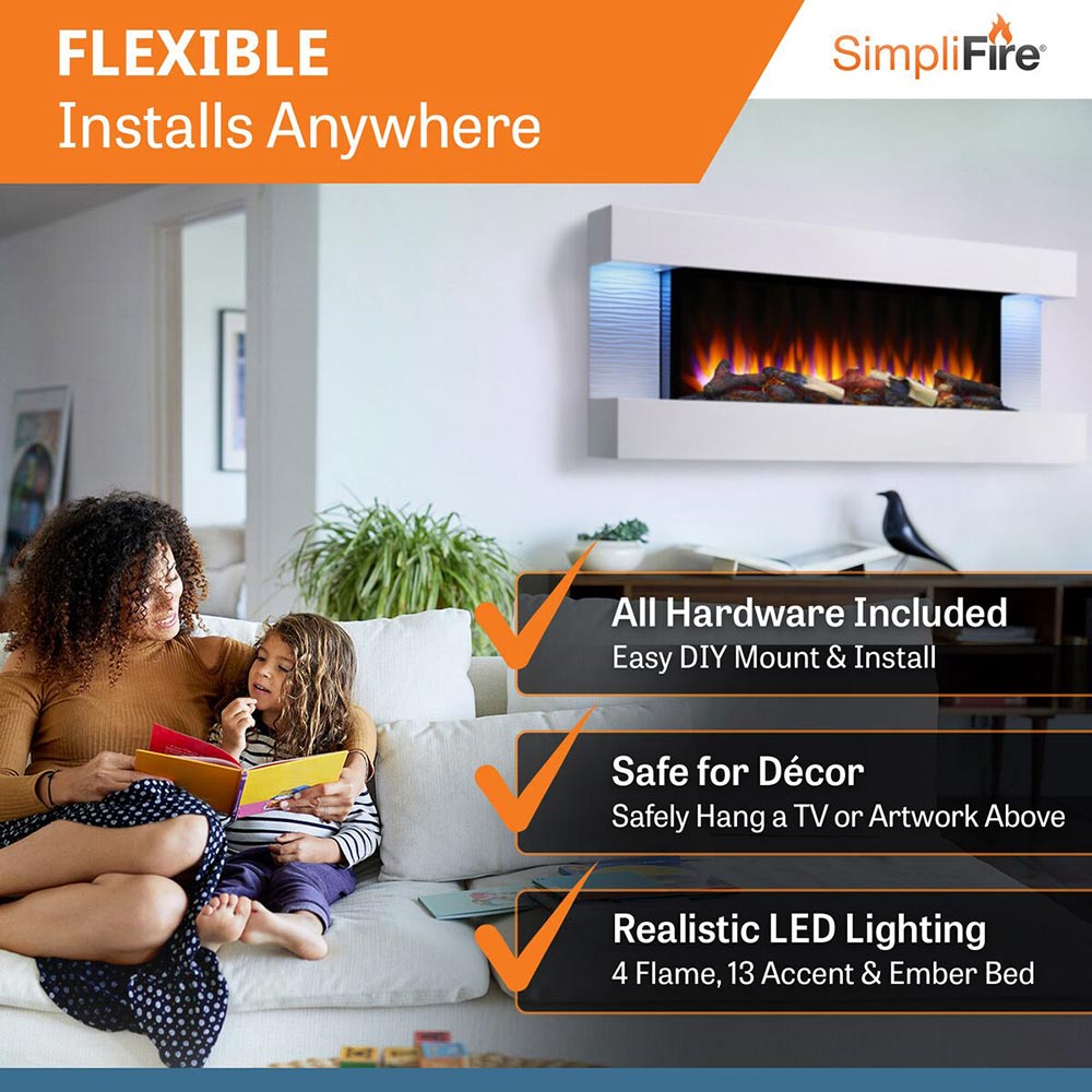 Wall-mount electric fireplace with floating mantel, flame glow in a room setting.