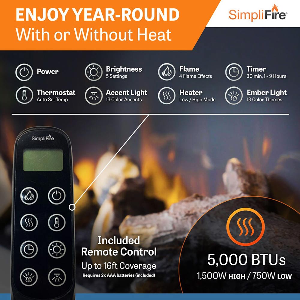 Electric fireplace remote control with buttons for flame, timer, and brightness.