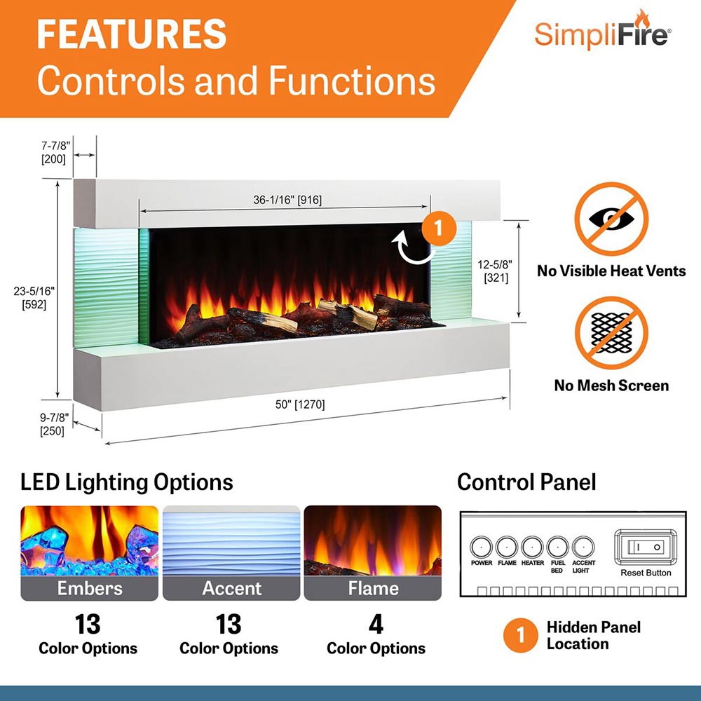 SimpliFire Format 36-Inch Wall Mount Electric Fireplace with 50-Inch Floating Mantel