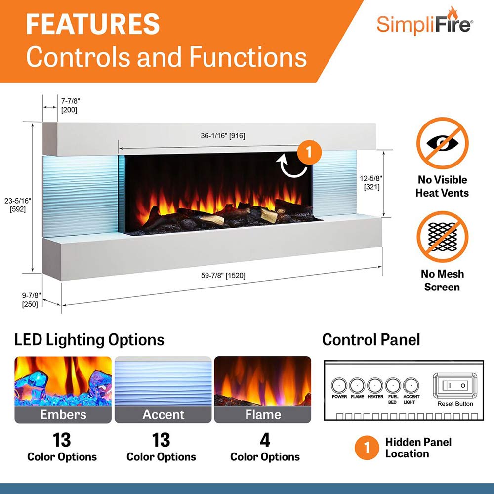 SimpliFire Format 36-Inch Wall Mount Electric Fireplace with 60-Inch Floating Mantel