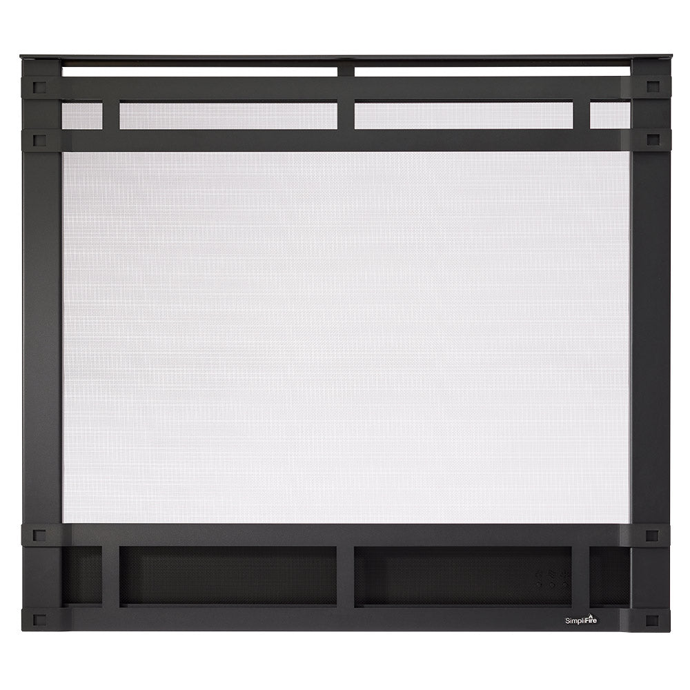 36-inch electric fireplace front panel, dark frame with mesh screen