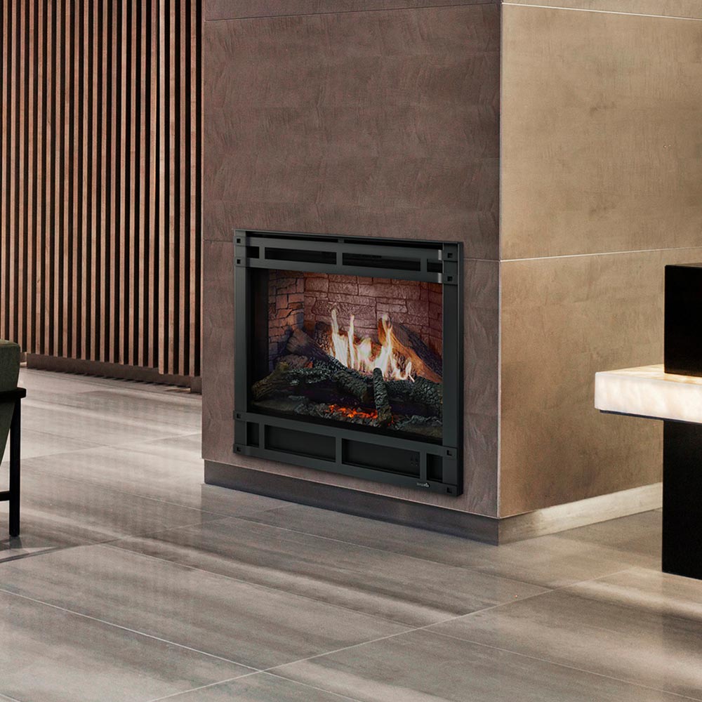 36-inch electric fireplace insert with flames in a dark rectangular surround