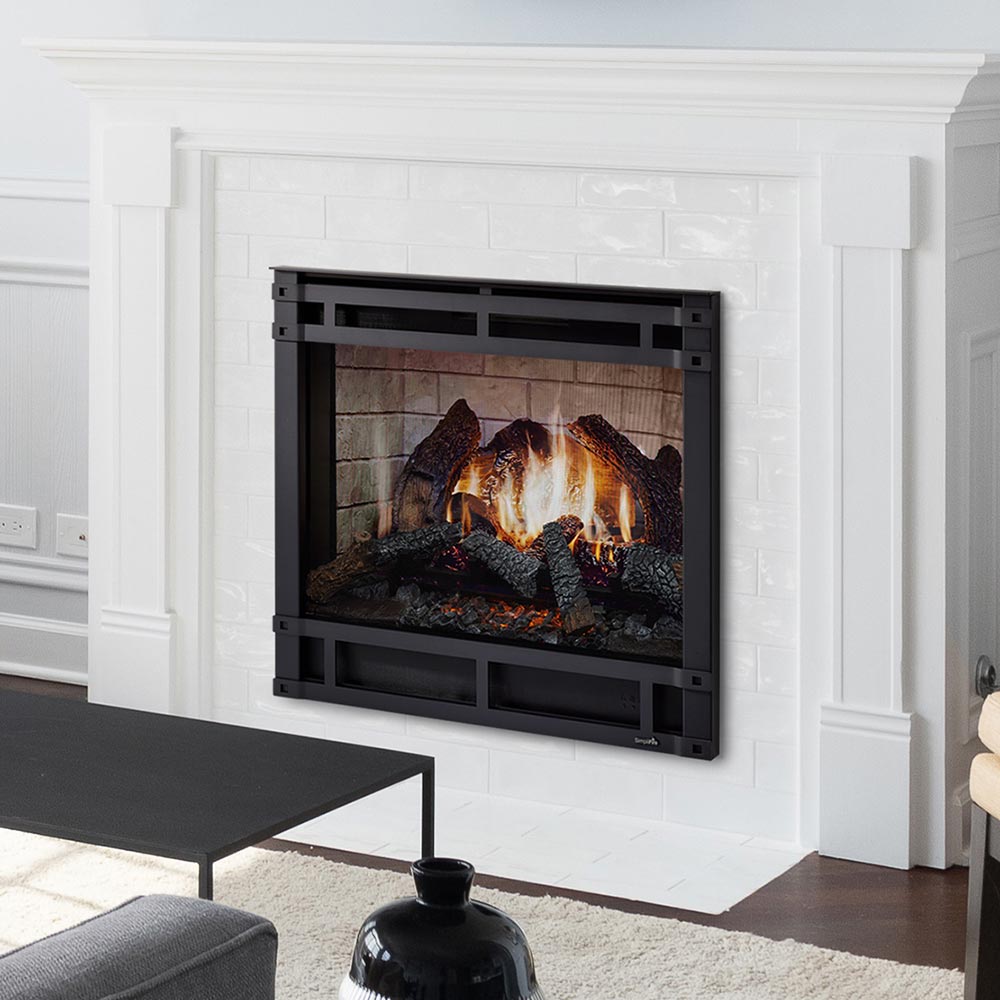 36-inch electric fireplace in a white mantel surround with flame display