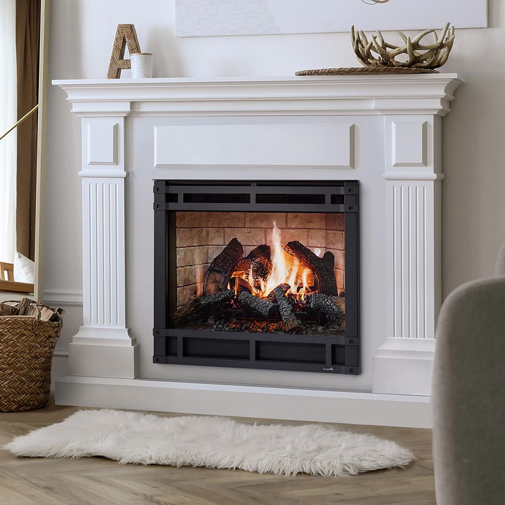 36-inch electric fireplace in white surround with flames behind black screen