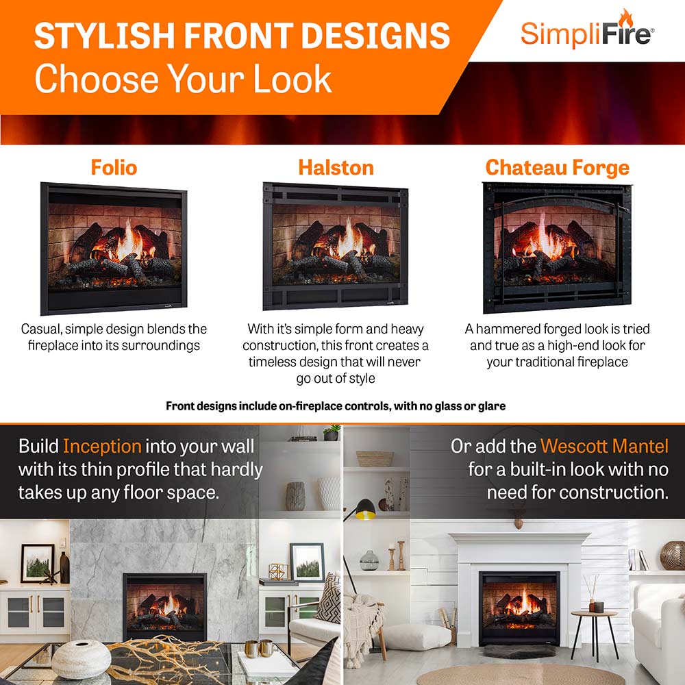 SimpliFire electric fireplace front designs chart showing Halston with flames