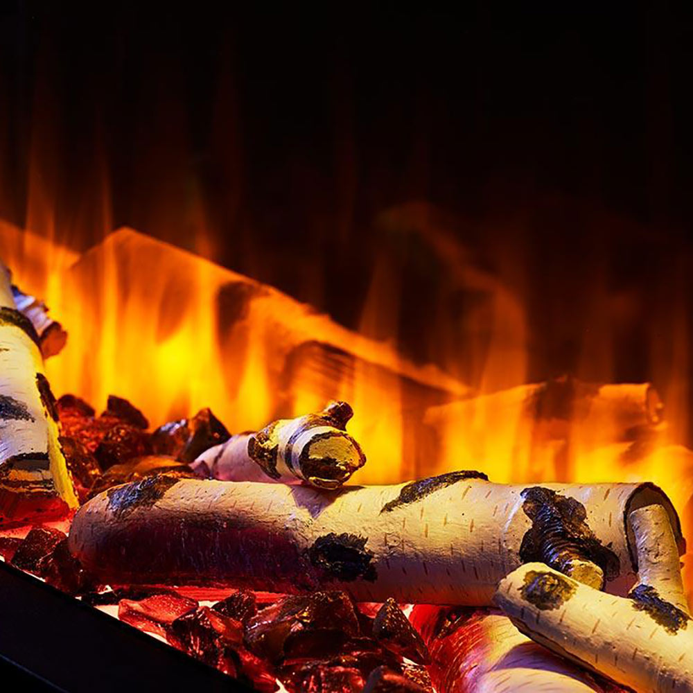 Natural birch fireplace log set with glowing flames and charred wood details