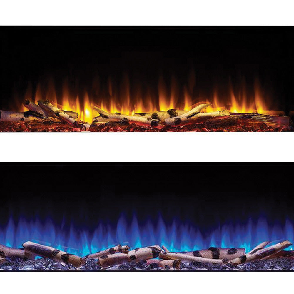 Natural birch log set with orange and blue flame effects across logs
