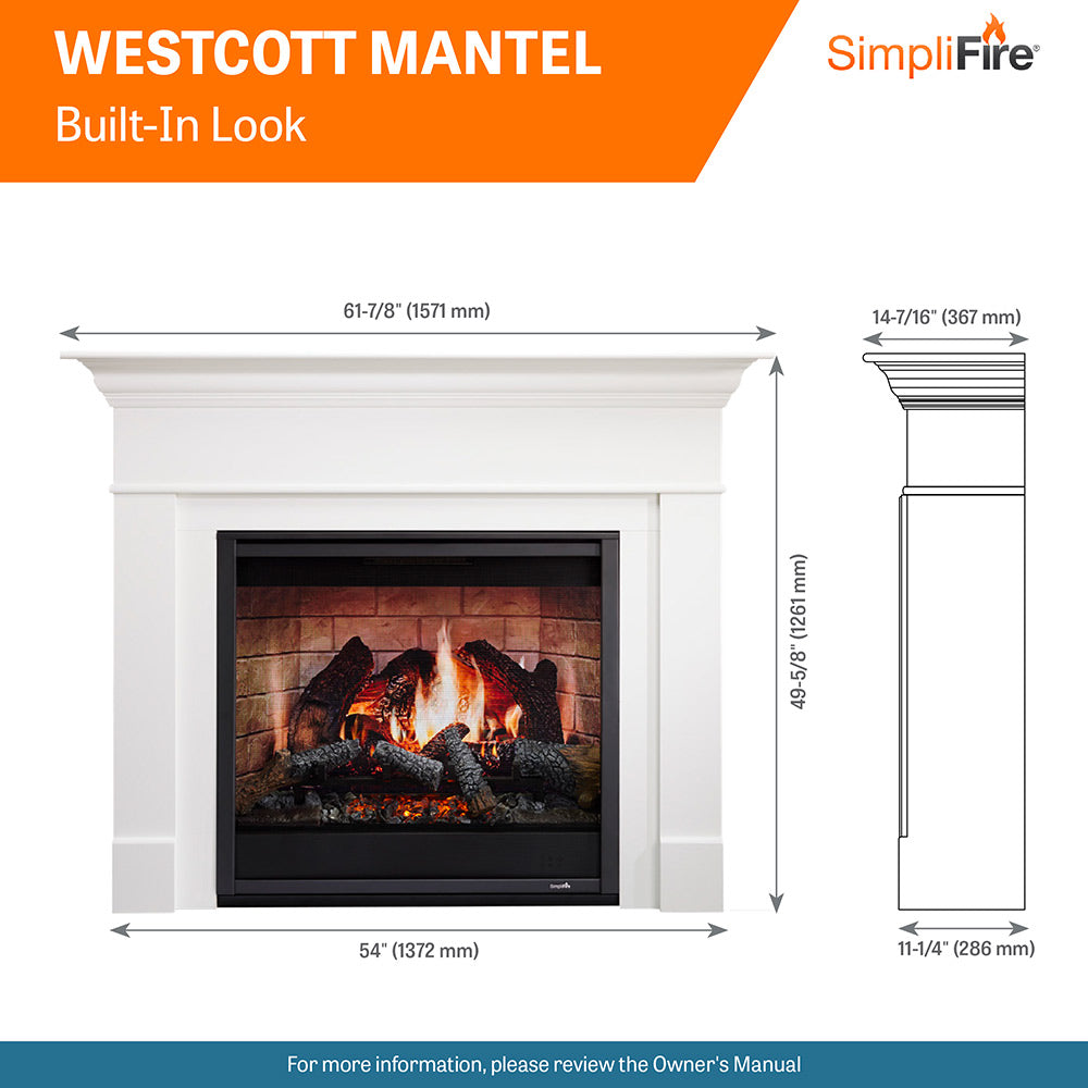 Westcott Mantel electric fireplace dimensions diagram with built-in look