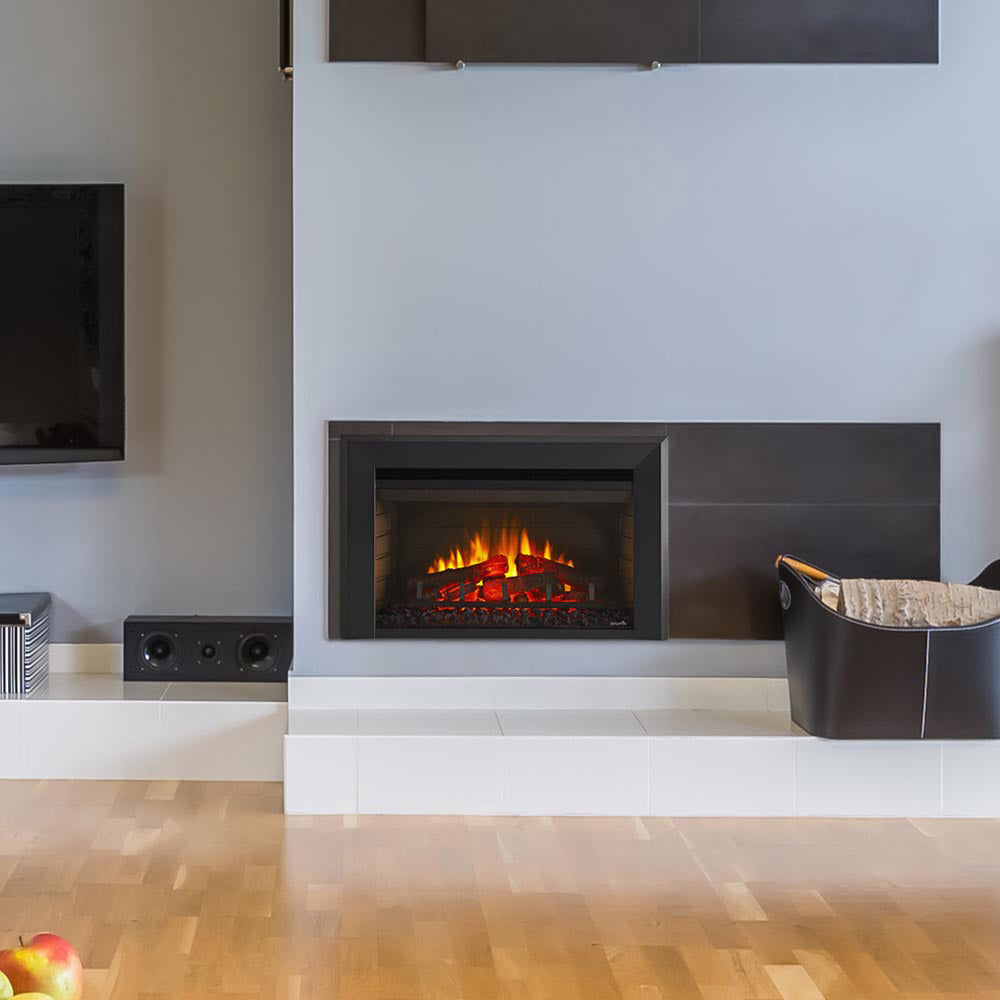 SimpliFire built-in electric fireplace set into a wall with orange flame