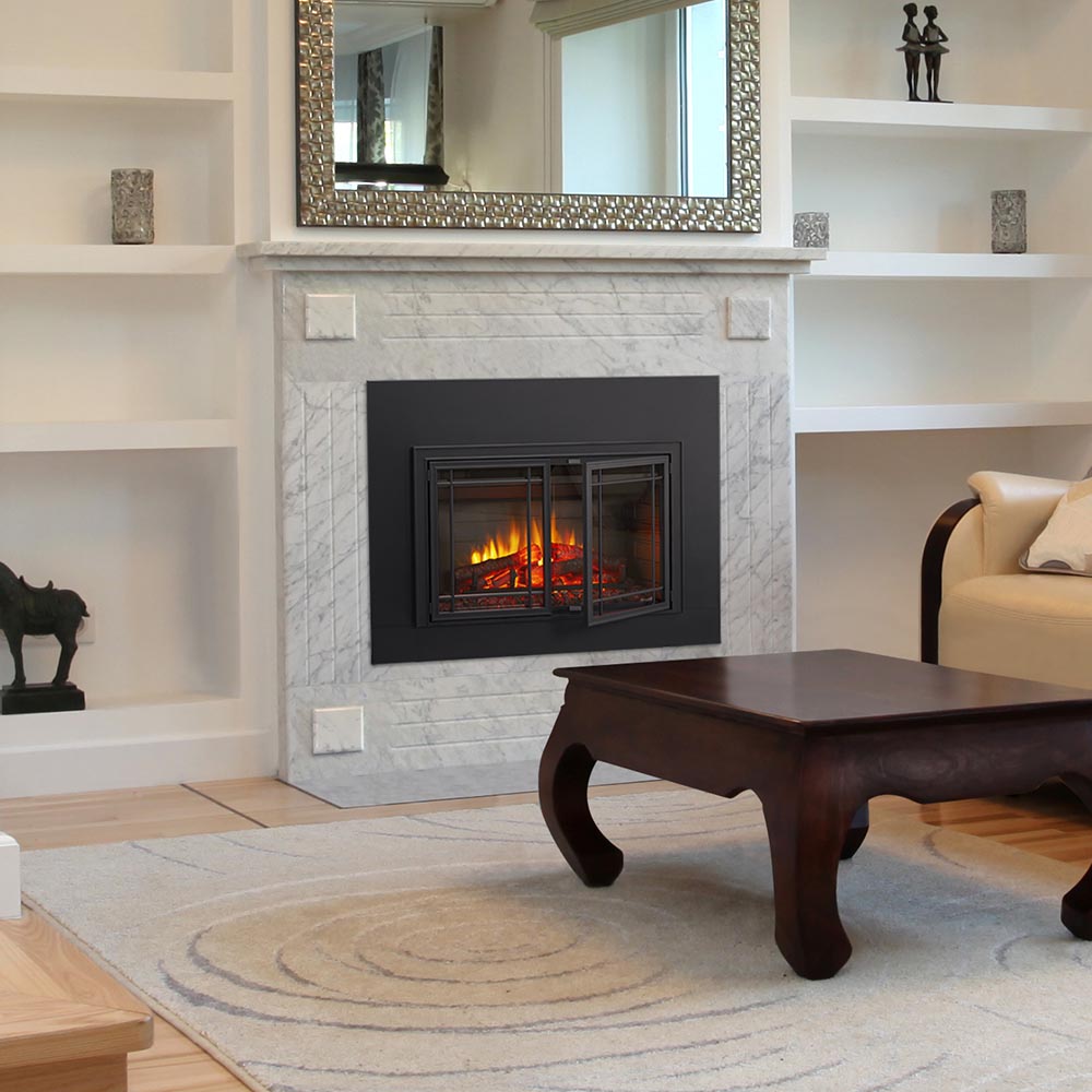 SimpliFire built-in electric fireplace in dark surround with glowing orange logs