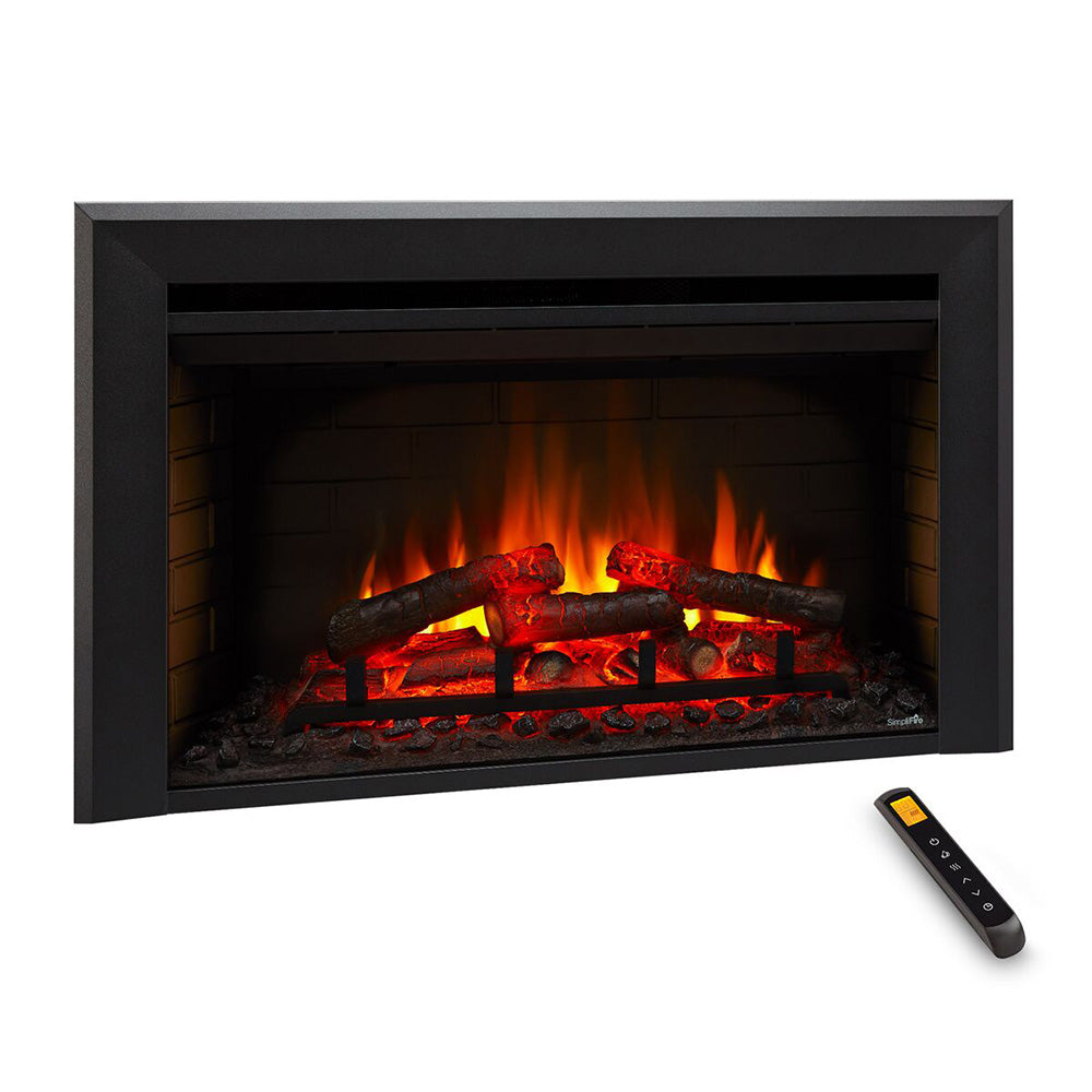 Built-in electric fireplace insert with black surround, glowing orange flames and logs, plus remote