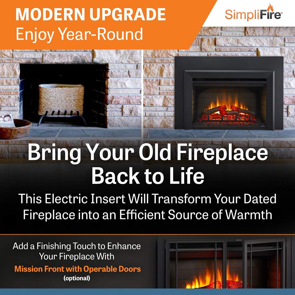 Built-in electric fireplace insert in black frame with visible flame effect behind glass
