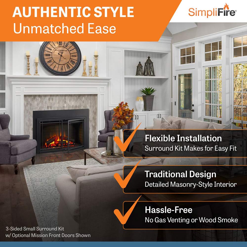 Built-in electric fireplace insert with black trim, flame window centered in wall niche