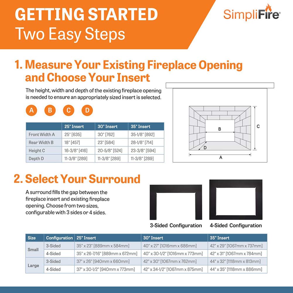 Electric fireplace insert sizing chart with two surround configuration diagrams