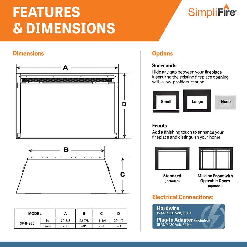 SimpliFire SF-INS30-IN 30-Inch Electric Fireplace Insert