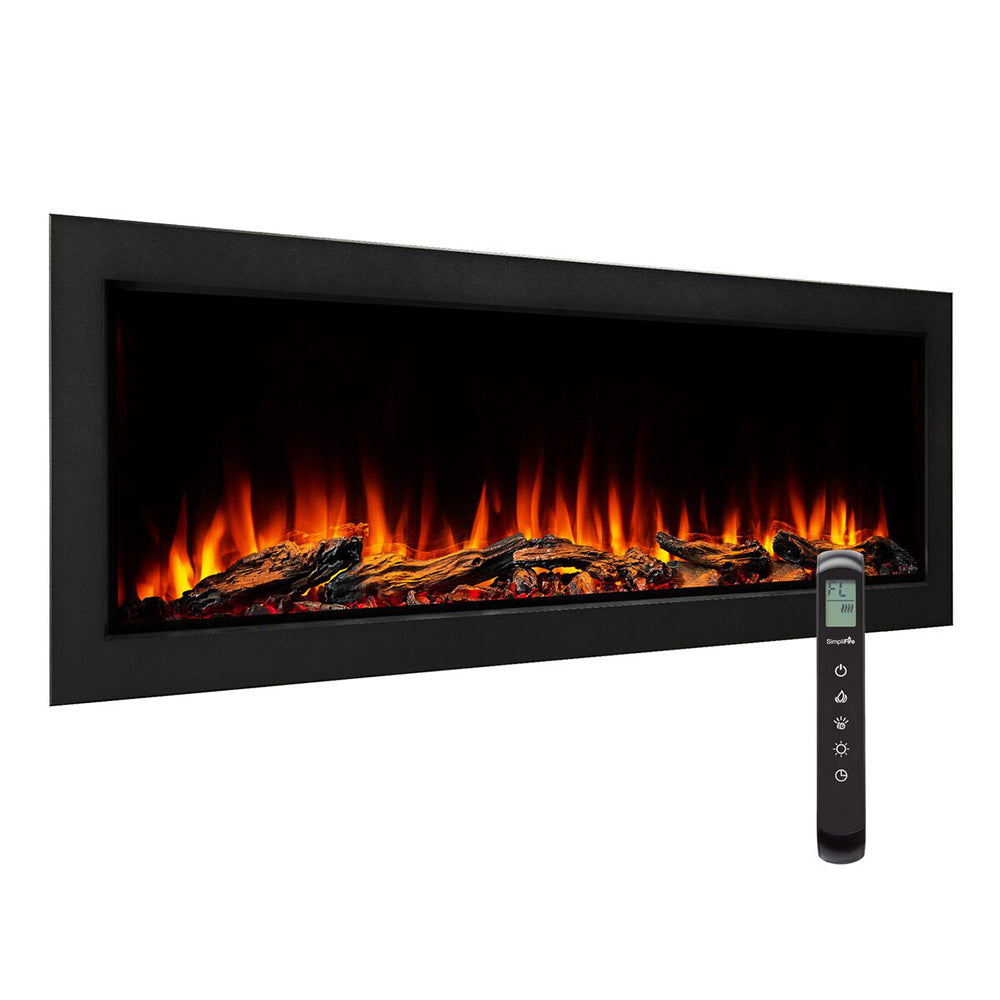 Outdoor electric fireplace front with glowing flames, faux logs, and included remote