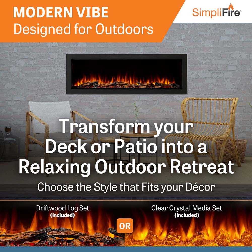 Black-framed outdoor electric fireplace with glowing flame and faux log bed