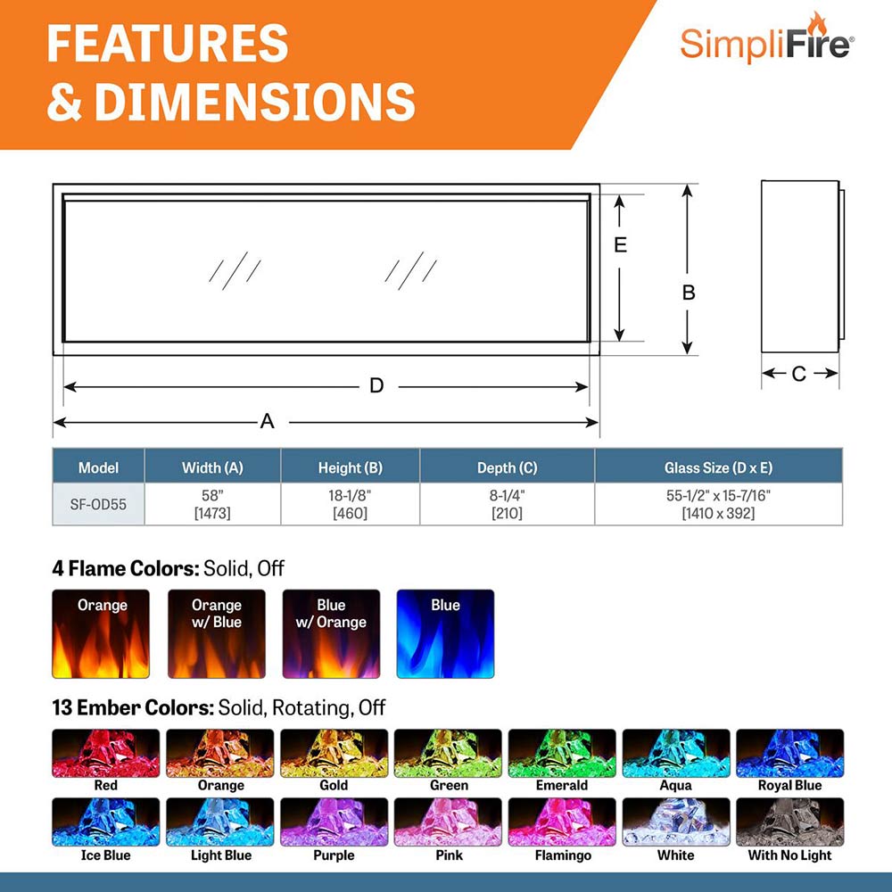 Outdoor electric fireplace dimensions diagram and flame/ember color options