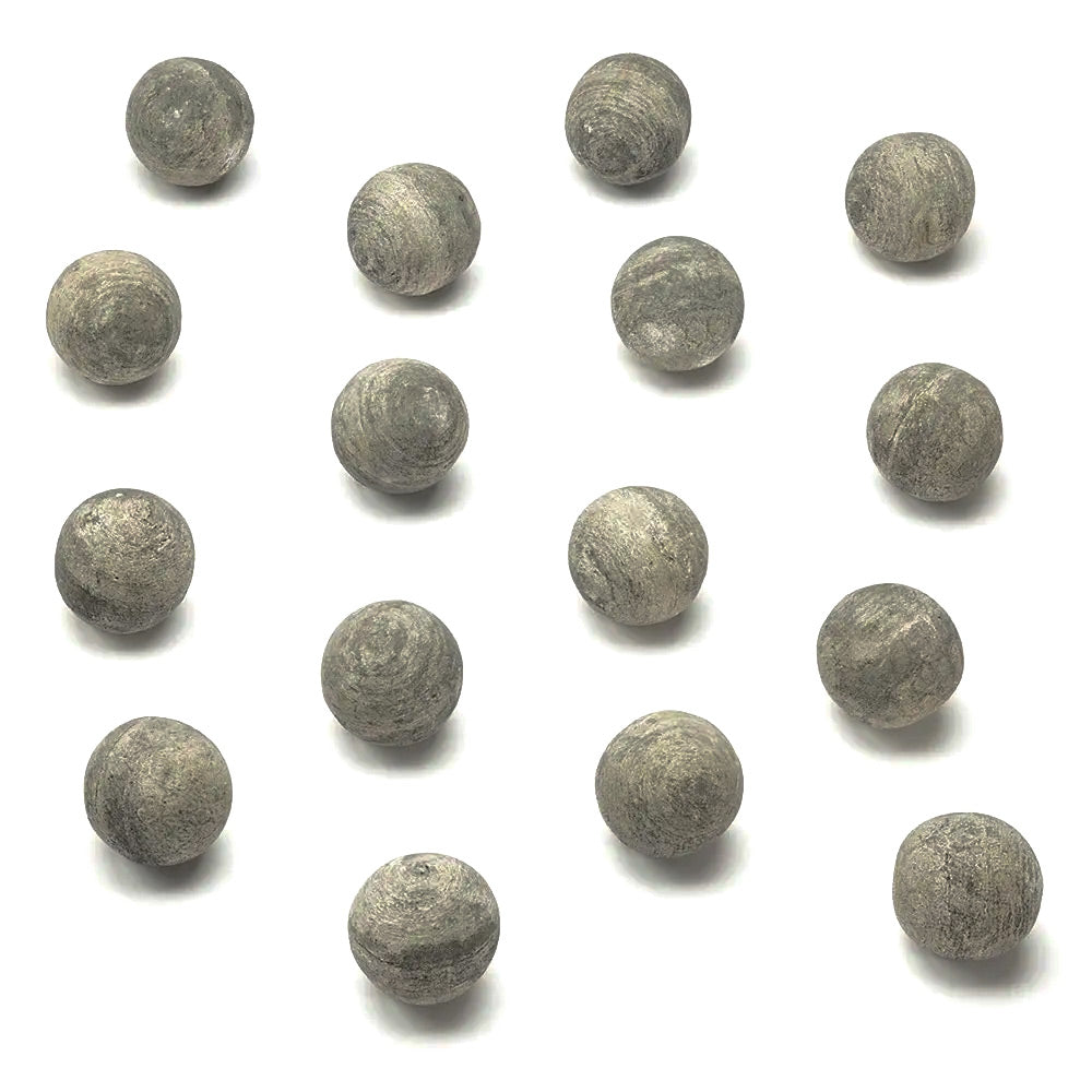 Decorative fabric-finish spheres for electric fireplace, textured gray set on display