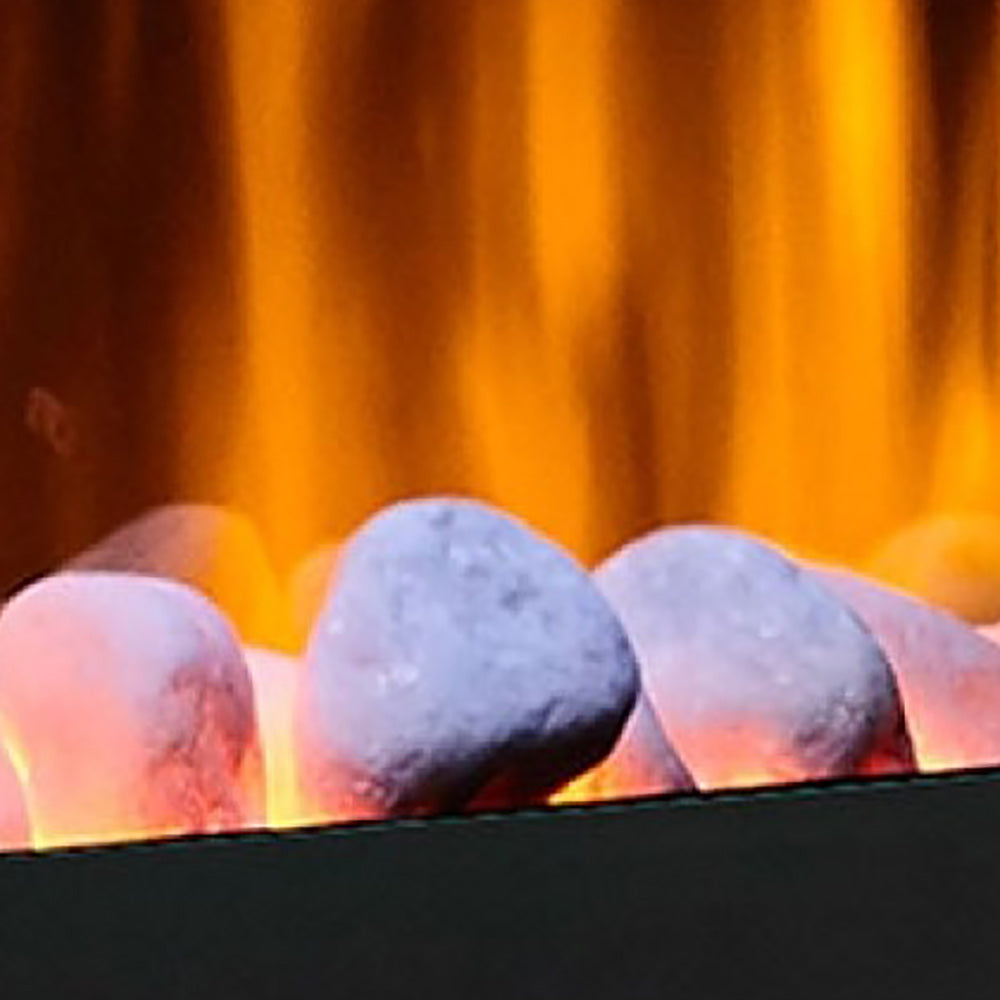 White ceramic fireplace stone media, rounded rocks in front of flames