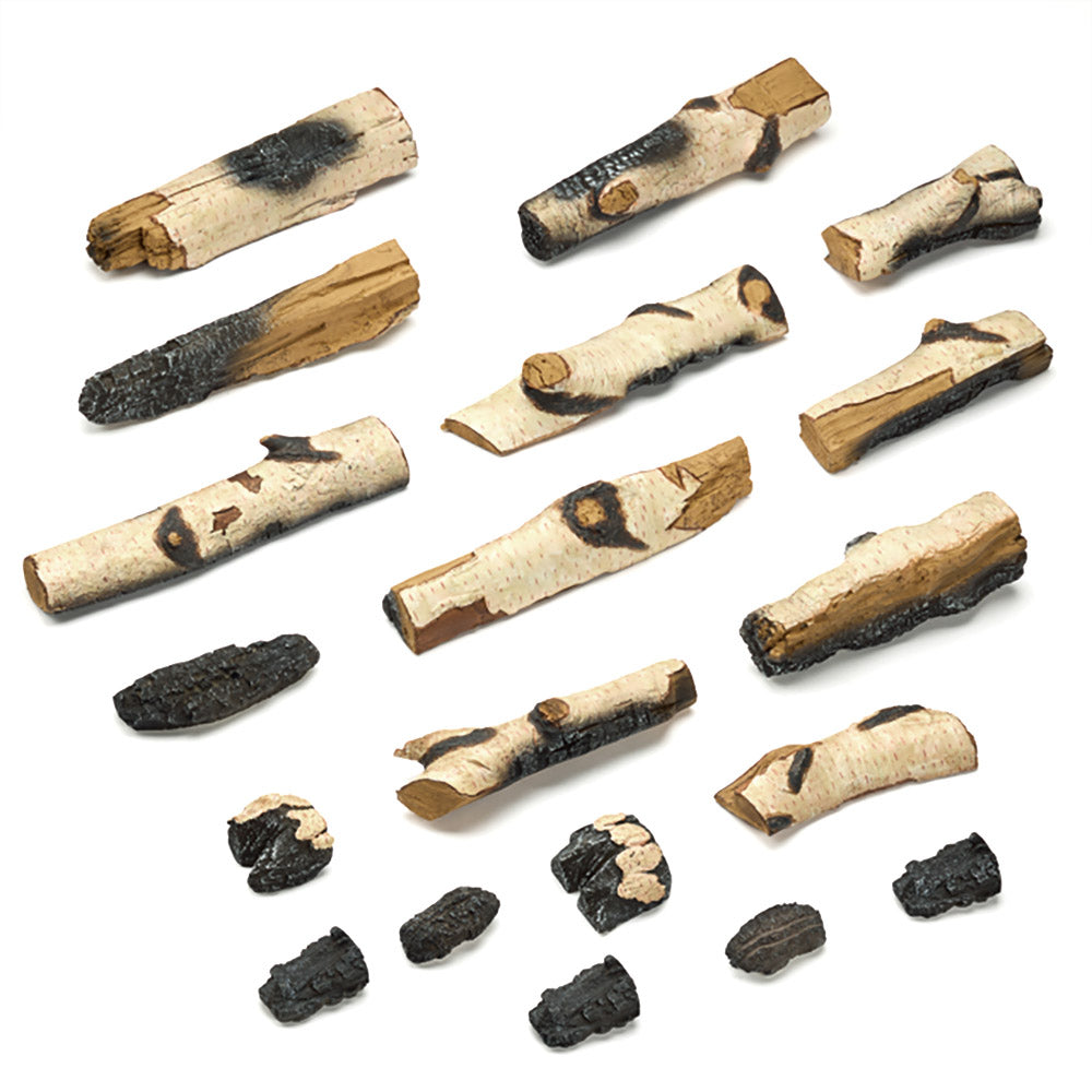 Birch log set for fireplace, assorted split wood pieces in light and dark tones
