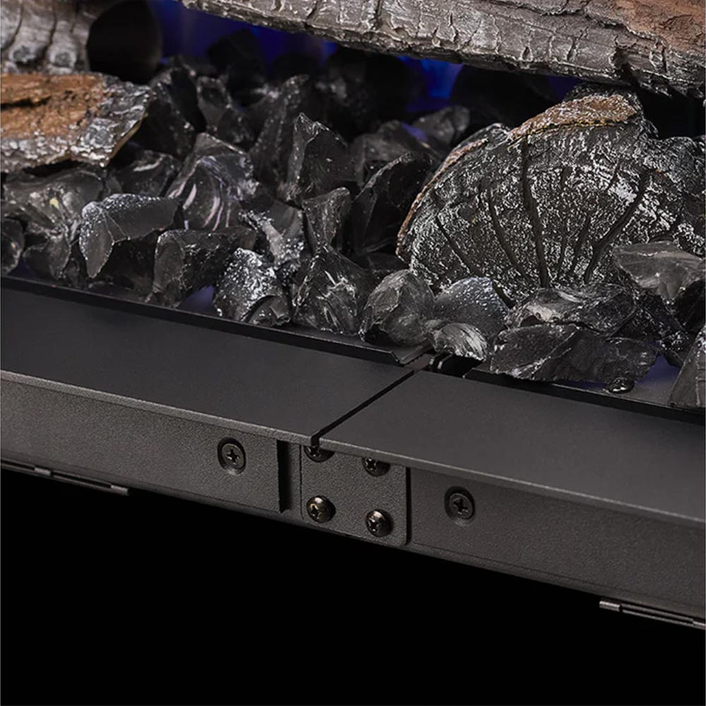 SimpliFire linking kit connector brackets on dark gray metal channel with screws