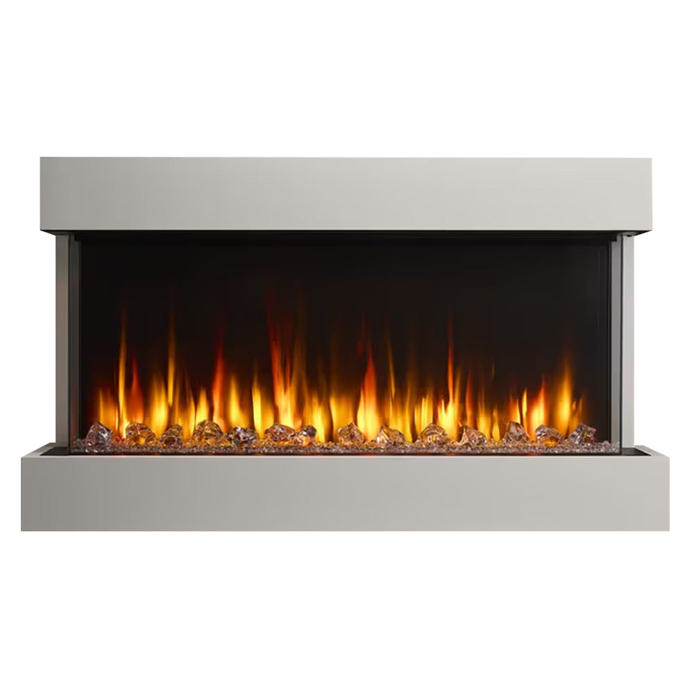 Linear electric fireplace with floating mantel, dark interior and glowing orange flames