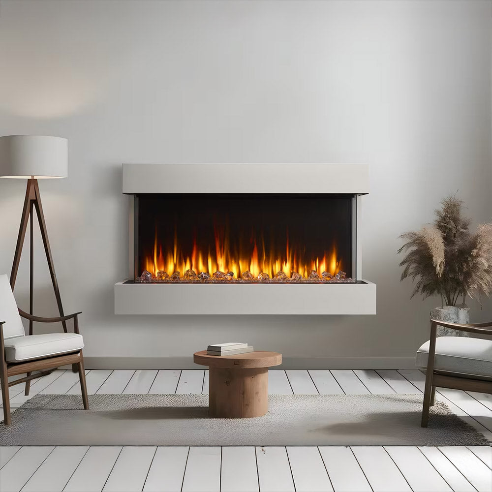 Linear electric fireplace with floating mantel and orange flame effect in dark frame