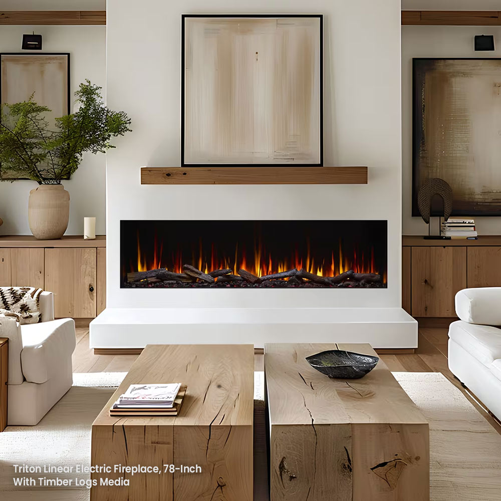 Linear electric fireplace with wood mantel and ember-style flame bed