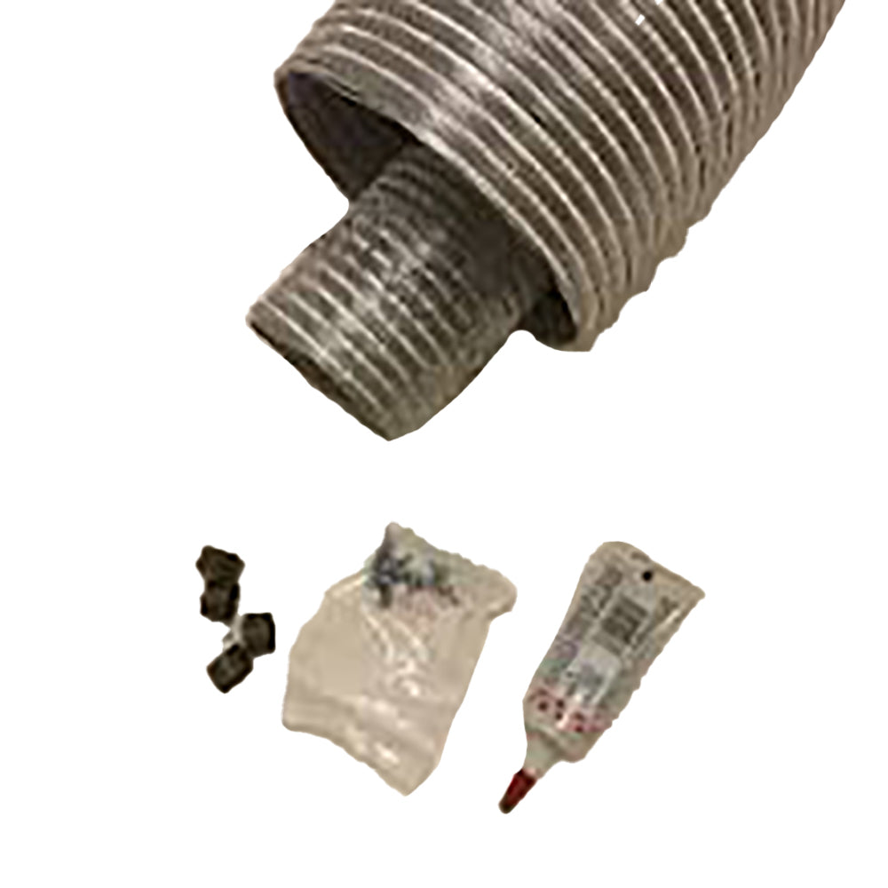 Coaxial flex duct with braided outer cover and end fitting pieces, dark gray
