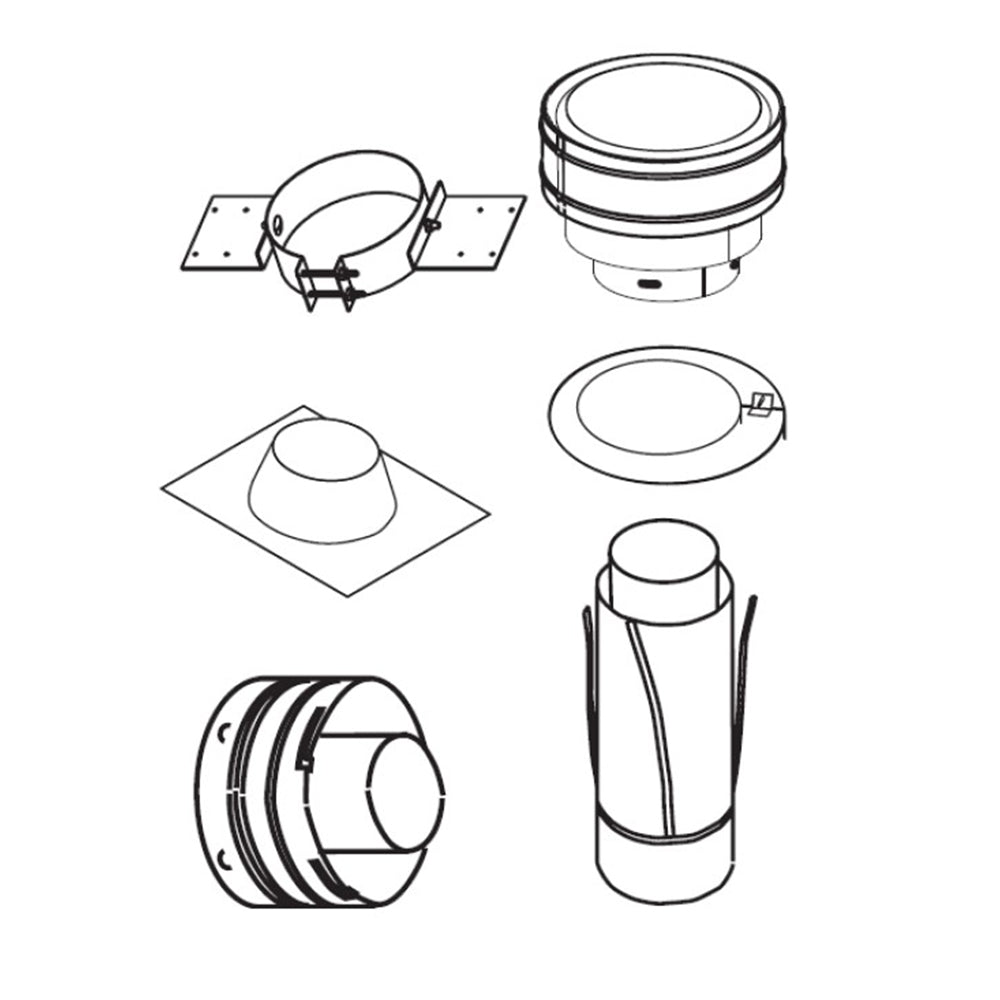 Direct vent termination kit parts with round cap and vertical flue section, metal
