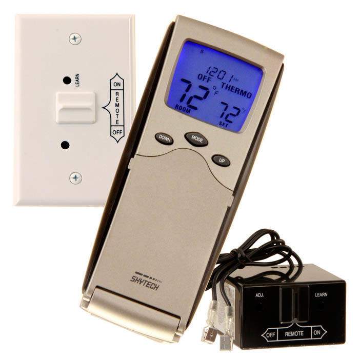Programmable backlit fireplace remote control with ON/OFF remote buttons and blue LCD display