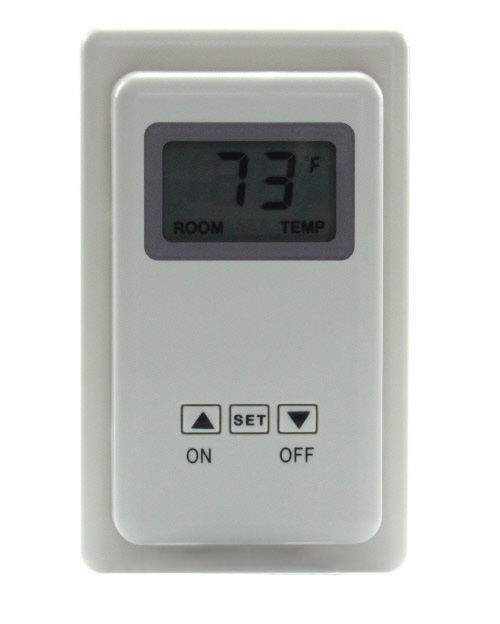 Wall-mounted thermostat control with LCD display and ON/OFF buttons, light gray