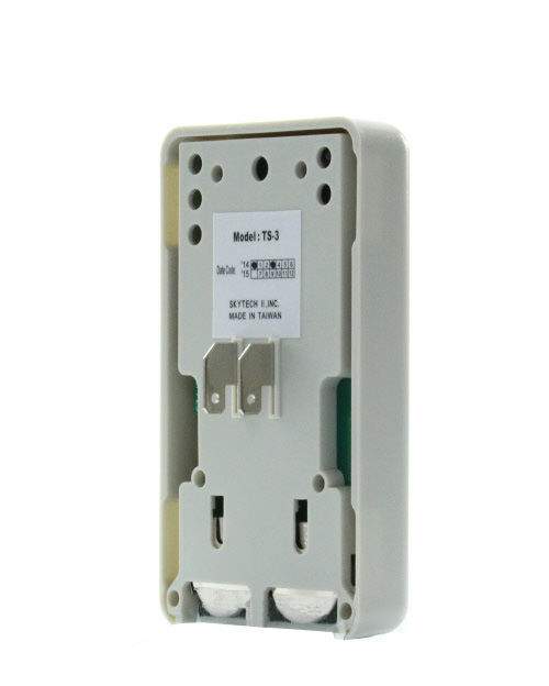 Wall thermostat control back panel with model info and mounting terminals